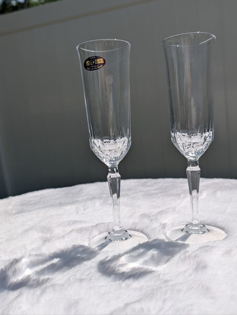 Vintage Crystal Flute Glasses Set Of Two Unused Anchor Hocking 24% Lead Great